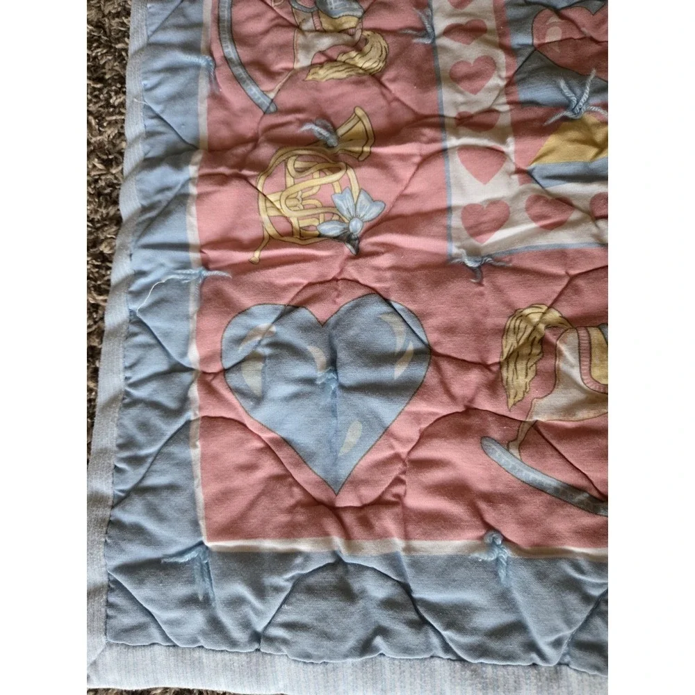 VTG‎ Handmade Baby Quilt Teddy Bear Rocking Horse Pastel Pink Blue Nursery Crib
